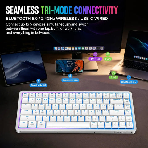 Low-Profile 75 Mechanical Keyboard With Aluminum Frame And Hot-Swappable Switches Features shine-through PBT Keycaps, showcasing tri-mode connectivity.