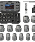 16 Piece Chrome Moly Steel Bolt Extractor Socket Set To Bust Loose Stubborn Rusted And Stripped Nuts Pro Grade sitting in case with varied sizes.