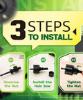 3 steps installation guide for 8 Piece Hole Saw Kit With Case 1 to 2 1/8 Inch Hole Saws Mandrel Hex Key Storage Case for DIY projects.