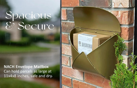 Sturdy Outdoor Wall Mount Mailbox With Gold Finish Built To Last Waterproof Weatherproof Envelope Mailbox For Outside Use Tough As Nails Modern Durable Metal Box For Home Or Porch shown open with package inside, mounted on brick wall.