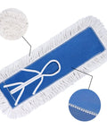 Heavy Duty Cotton Dust Mop Heads 2 Pack 24 Inch Lint Free Loop End Machine Washable Floor Cleaners with blue backing.