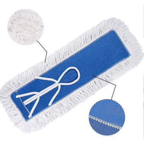Heavy Duty Cotton Dust Mop Heads 2 Pack 24 Inch Lint Free Loop End Machine Washable Floor Cleaners with blue backing.