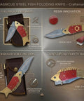 Diagram of Handmade Copper Damascus Folding Knife With Ladder Pattern Blade Brass Engraved Red Resin Handle Leather Sheath EDC