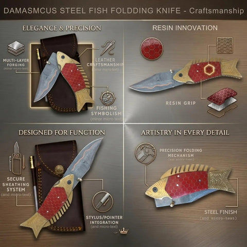 Diagram of Handmade Copper Damascus Folding Knife With Ladder Pattern Blade Brass Engraved Red Resin Handle Leather Sheath EDC
