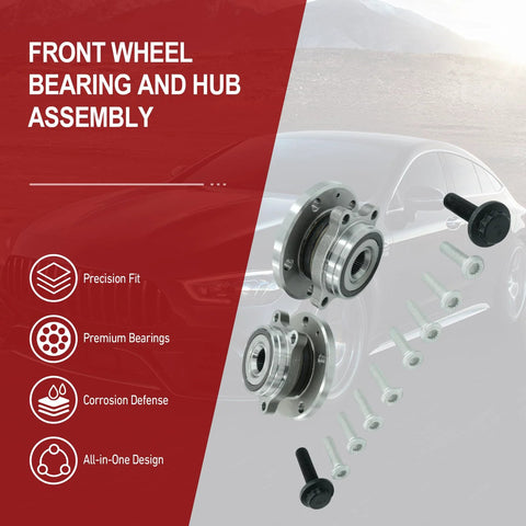 Two Front Wheel Bearing Hub Assemblies Compatible With Volkswagen Golf GTI Passat Jetta Beetle Eos CC R32 Rabbit And Audi A3 TT Quattro Q3 Models From 2005 To 2022 Drop In Front Hub Replacement Kit With Superior Fitment And Longevity Ready To Roll, shown with components
