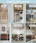 Extra Wide Baby Gate 53.93 To 57.87 Inches Pressure Mounted Walk Through Swing Auto Close Triple Lock Safety Gate in various rooms.