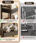 Comparison of carbon steel vs. plastic utility carts; durable 3 Tier Metal Rolling Utility Cart With Walnut Top shown on left