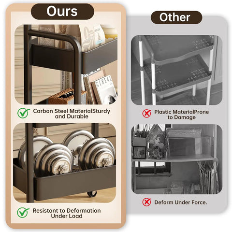 Comparison of carbon steel vs. plastic utility carts; durable 3 Tier Metal Rolling Utility Cart With Walnut Top shown on left
