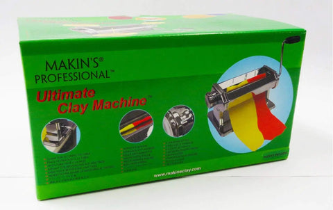 Box of Pro Grade Ultimate Clay Machine For Polymer Clay Crafters, Stainless Steel, wide clay path, rollers, and handle shown