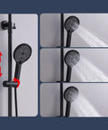 Exposed Shower System with Tub Spout 180° Rotating White showing adjustable handheld sprayer and water spray patterns.