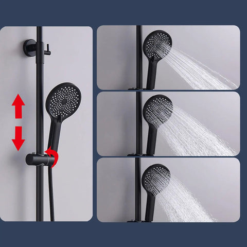Exposed Shower System with Tub Spout 180° Rotating White showing adjustable handheld sprayer and water spray patterns.