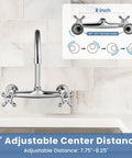 Wall Mount Commercial Kitchen Faucet With 360 Degree Swivel Spout 8 Inch Center Heavy Duty Solid Brass Body Chrome Finish Anti Rust Coating One Point Eight GPM Flow Female Thread Connection installed on tiled wall above sink.