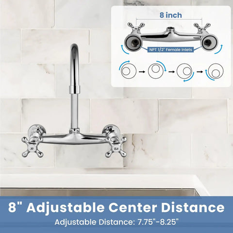 Wall Mount Commercial Kitchen Faucet With 360 Degree Swivel Spout 8 Inch Center Heavy Duty Solid Brass Body Chrome Finish Anti Rust Coating One Point Eight GPM Flow Female Thread Connection installed on tiled wall above sink.