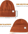 Rust colored beanie with measurements, showing 'One Size Fits Most' and 'Great Elasticity' features, knit acrylic with cozy cuff.