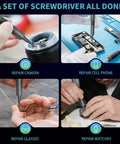 62 In 1 All In One Electric Screwdriver Kit in use for precision repair on camera, smartphone, eyeglasses, and watch, with cordless design.