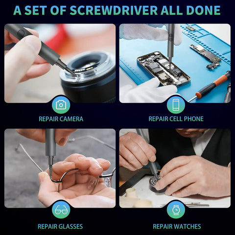 62 In 1 All In One Electric Screwdriver Kit in use for precision repair on camera, smartphone, eyeglasses, and watch, with cordless design.