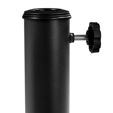 Side view of black Beefy Heavy Duty Outdoor Umbrella Base For 1.5 To 1.9 Inch Poles 26.5 Lb Resin And Iron Construction with tightening knob.