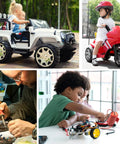 Children riding toy vehicles and adults working on robotics, illustrating usage of Milwaukee M12 12V Battery Adapter Converter Kit