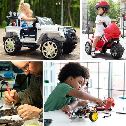 Children riding toy vehicles and adults working on robotics, illustrating usage of Milwaukee M12 12V Battery Adapter Converter Kit