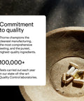 Wooden bowl with assorted capsules and text on commitment to quality in testing and manufacturing
