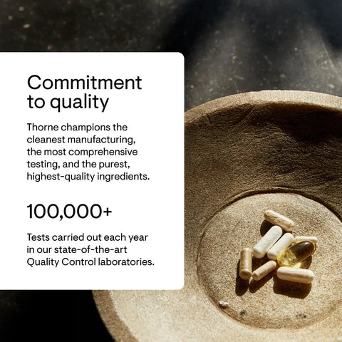 Wooden bowl with assorted capsules and text on commitment to quality in testing and manufacturing