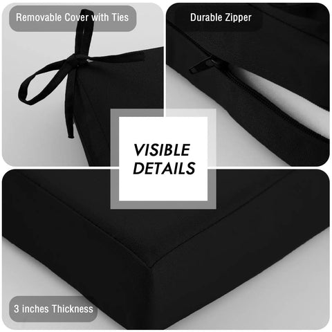 Close-up of black Waterproof Outdoor Chair Cushions Set Of 2 19 By 19 Inches with removable cover and ties, durable zipper.