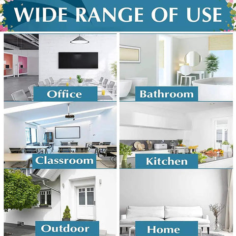 Wide range of use areas for All In One Wall Repair Patch Kit, including office, bathroom, classroom, kitchen, outdoor, and home settings.