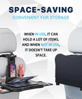 No Jiggle Rear Car Desk For Tesla Cybertruck Heavy Duty Anti Wobble Backseat Tray Table with laptop and drink holders mounted.