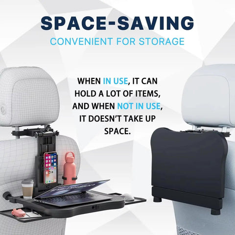 No Jiggle Rear Car Desk For Tesla Cybertruck Heavy Duty Anti Wobble Backseat Tray Table with laptop and drink holders mounted.