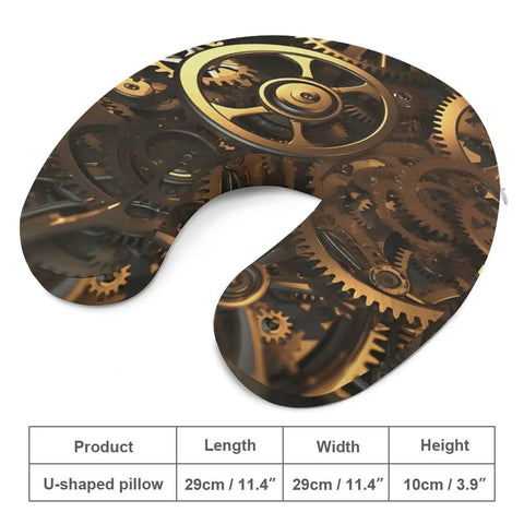 Cool Steampunk Gears Travel Pillow U Shaped Neck Support with gear design, 29cm size, memory foam material for comfy travel.