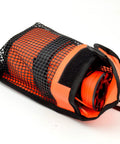 Mesh Diving Gear Bag With Reels Pocket And Surface Marker Buoy, Clip-On Snorkeling Gear Carrier in orange and black, open view