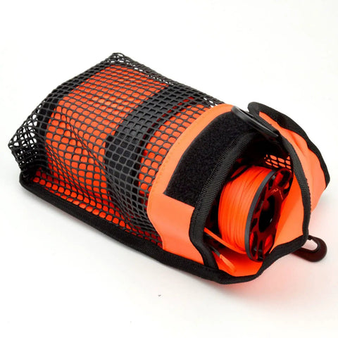 Mesh Diving Gear Bag With Reels Pocket And Surface Marker Buoy, Clip-On Snorkeling Gear Carrier in orange and black, open view