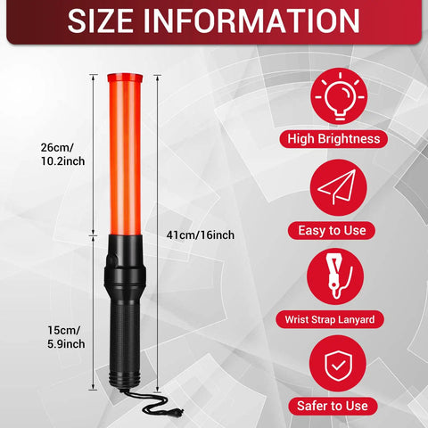 LED Traffic Wand Signal Baton 12 Pack With Dual Flashing Modes, 16 Inch Lighted Safety Baton with size dimensions and features.