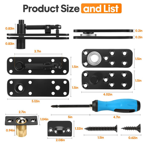 Pivot Hinge Kit For Murphy Door Hidden Door System Heavy Duty 570 Lb Load Bearing 360 Rotation layout with dimensions