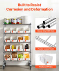 5 Tier Rolling Bin Storage Rack With 16 Organizer Bins, Heavy Duty Wire Shelving On Casters shown front view in use