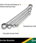 4-Piece E-Torx Box End Wrench Set With Double Box Ends Covers Eight Sizes E6xE8 E10xE12 E14xE18 E20xE24 Quick Read Size Markings