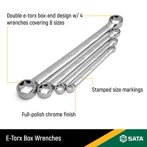 4-Piece E-Torx Box End Wrench Set With Double Box Ends Covers Eight Sizes E6xE8 E10xE12 E14xE18 E20xE24 Quick Read Size Markings