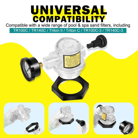 Manual air relief valve with pressure gauge; transparent body, black mounting base, threaded ports.