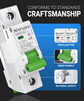 1 Pole 10A DC Circuit Breaker For 12V To 110V DC Systems With DIN Rail Mount Non Polar Protection And Arc Extinguishing Compact Safe Design Solid For Battery Power Solar PV And RV Setups, white body with green lever