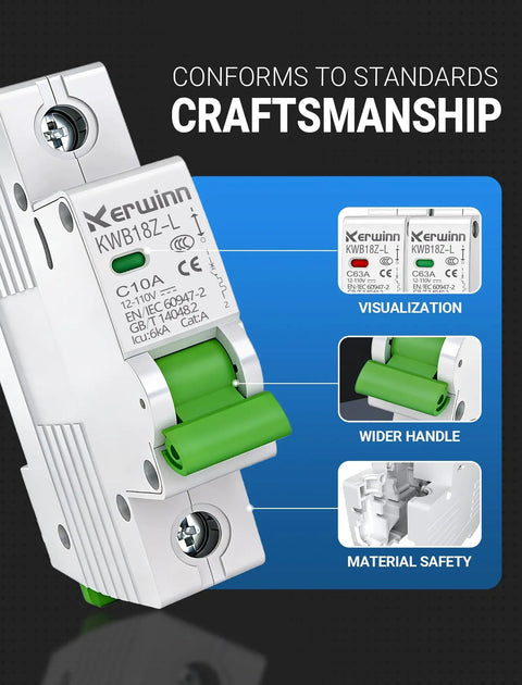 1 Pole 10A DC Circuit Breaker For 12V To 110V DC Systems With DIN Rail Mount Non Polar Protection And Arc Extinguishing Compact Safe Design Solid For Battery Power Solar PV And RV Setups, white body with green lever