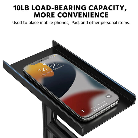 Freestanding Toilet Paper Holder With Phone Shelf, Rust Proof Carbon Steel Stand showing phone on shelf, 10lb capacity