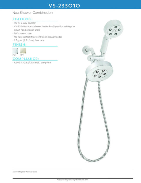 Neo Anystream 2-Way Shower Combo With 2.5 GPM High Flow, Polished Chrome Finish, fixed and handheld showerheads with hose