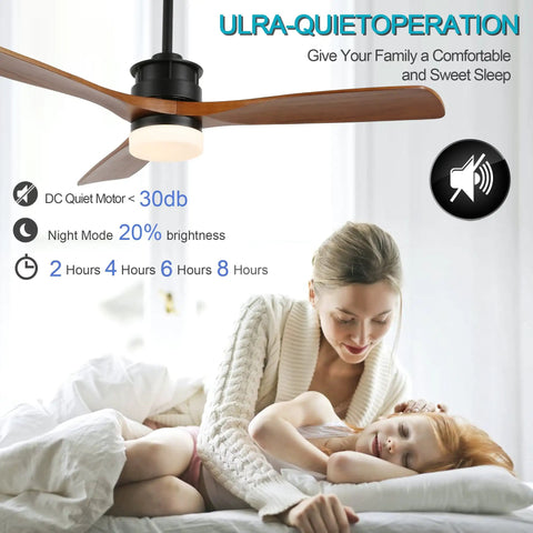 52 Inch Ceiling Fan With Lights Remote Control Cool Deep Walnut Wood Finish over a sleeping family for ultra-quiet comfort.