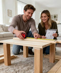 Couple using 160-Piece All-Purpose Tool Set In A Delicate Toolbox For Everyday Home Repairs, measuring and assembling a wooden table.