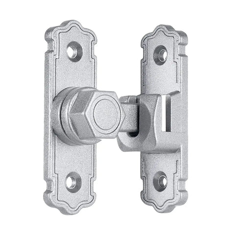 Kickass 90 And 180 Degree Barn Door Latch Built From Solid Silver Aluminum Alloy, detail view of swing lock for gates and cabinets.