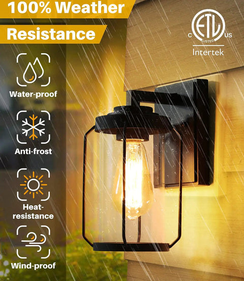 Two Pack Matte Black Outdoor Wall Lights With Clear Glass For Front Door, Garage, And Yard, Rustproof Farmhouse Style