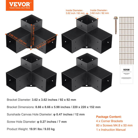 Heavy Duty 4x4 Pergola Brackets Kit with 3-Way Corner Design, 4 pieces, screws, and manual for DIY outdoor wood projects