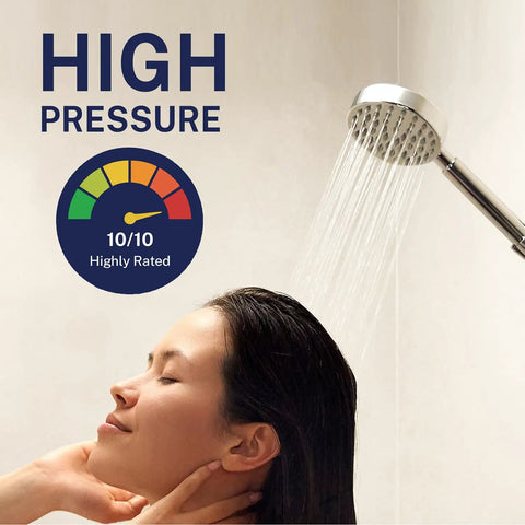 Solid Metal 27.5 Inch Shower Slide Bar System With Handheld Head And Hose Brushed Nickel Finish 2.5 GPM in use, woman enjoying shower