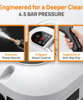 Heavy Duty 2500W Handheld Steam Cleaner With 4.5 Bar High Pressure showing precision nozzle, smart control, and ergonomic grip.
