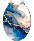 Elongated Decorative Toilet Seat for Bathroom with blue and gold marbled design, measures 14.5" x 18.5", fits most standard toilets.